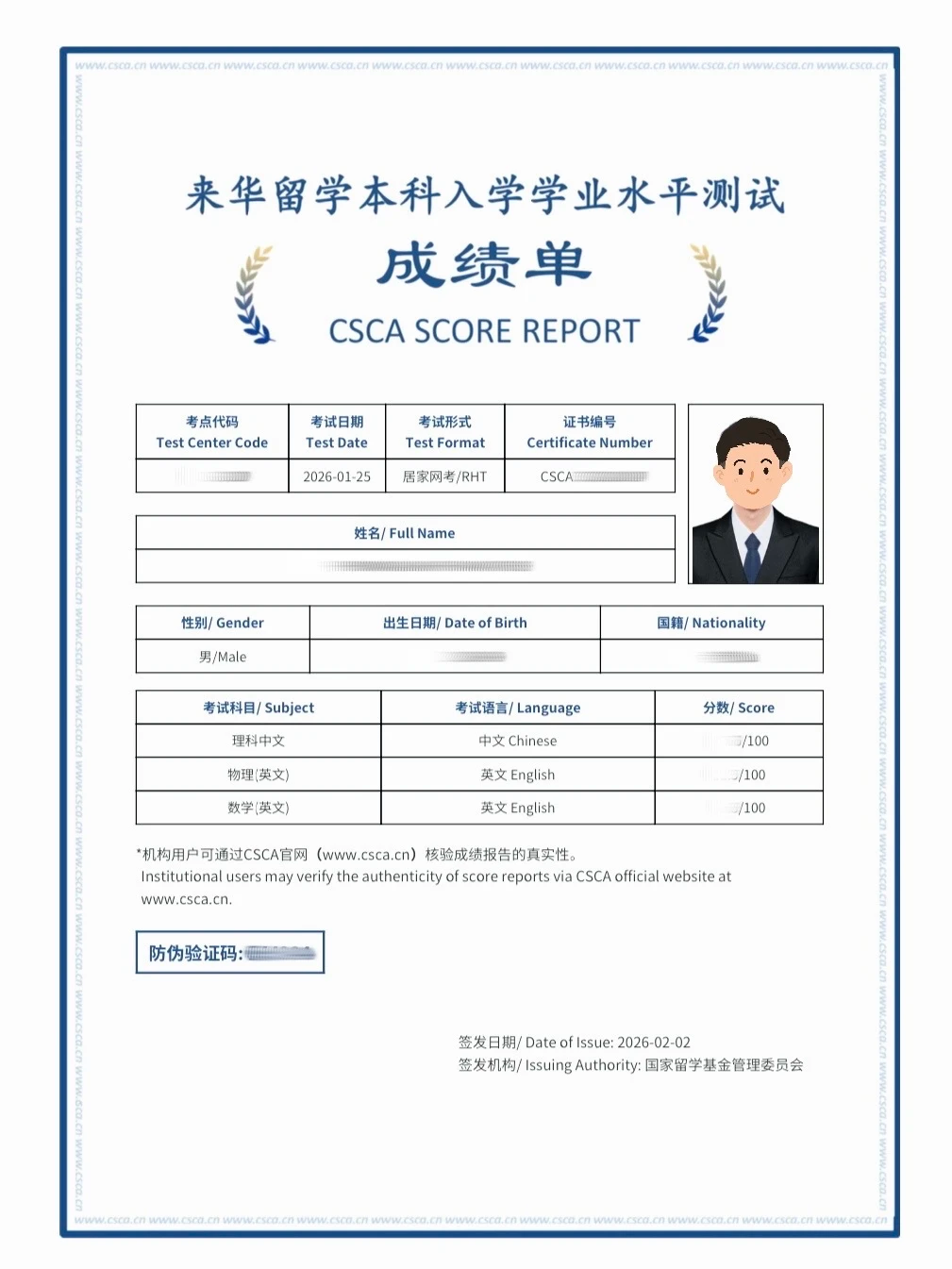 CSCA成绩单